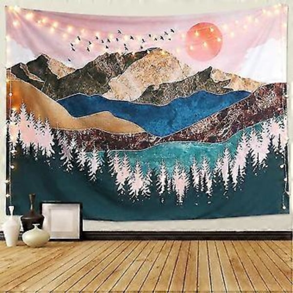 Solnedgång Skog Träd Berg Vägg Landskap Gobeläng Heminredning