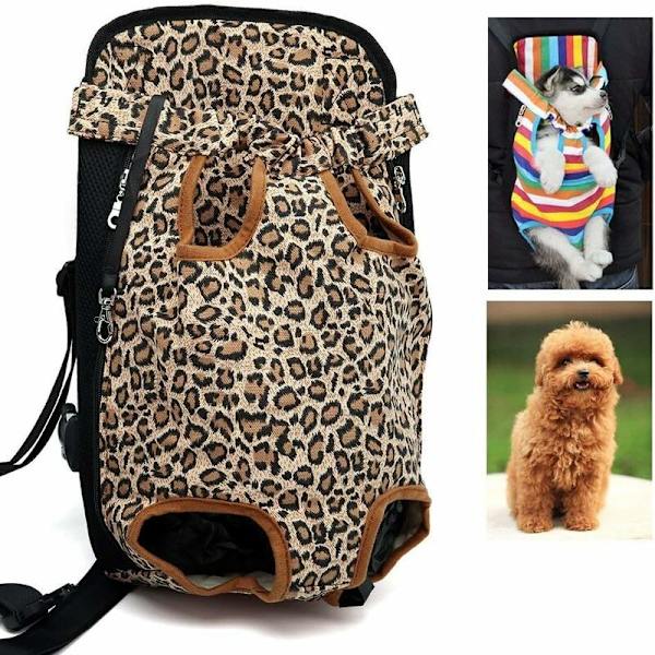 Bæreveske for kjæledyr med bena ute foran, håndfri justerbar ryggsekk reiseveske for små mellomstore valper hunder katter kaninraser utendørs XL, leopard