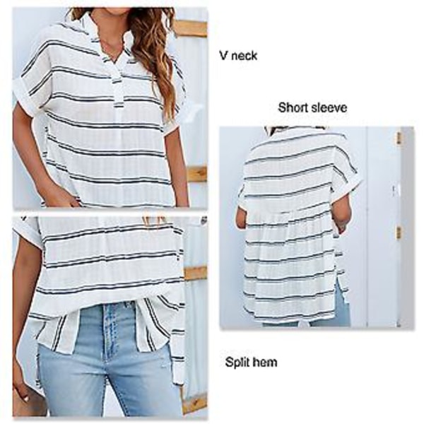V-hals Kortermet Bluse Dame Enkel Stilig Casual Løs Splitt Hem Skjorte Topper for Dagligliv Arbeid Stripe XL