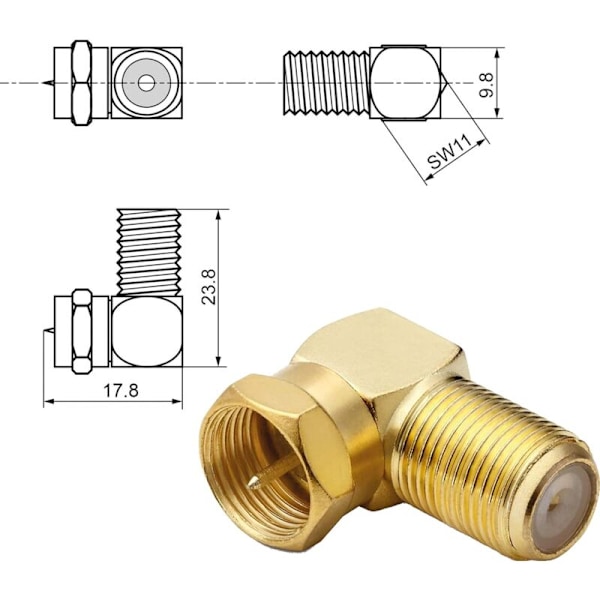 2 stk. 90 graders satellit hjørnestik, koaksial hjørnestik, antennestik vinkel til antennekabel, satellitkabel, koaksialkabel, forgyldt