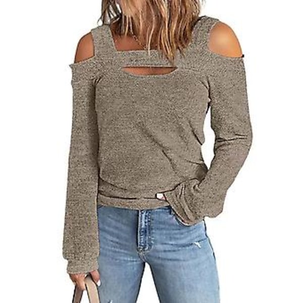 Dame Cold Shoulder Top Udskåret Design Ensfarvet Moderigtig Langærmet Bluse til Hjemme Shopping Khaki L