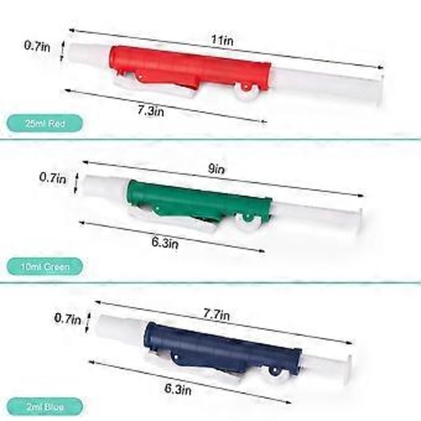 Pipettepumper, 3 stk. laboratoriehåndholdte pumper: 2 ml blå, 10 ml grøn, 25 ml rød, passer til glas- eller plastikpipetter