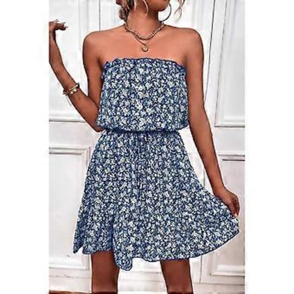 Charmerende Blå Stropløs Off Shoulder Kjole - Moderigtig Blomstret Sommerkjole, L