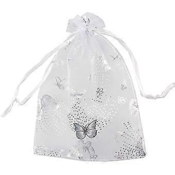 100 stk. 9X12cm Sommerfugl Organza Smykker Gavepose Slikpose Snøre Bryllupsgaveposer Hvid