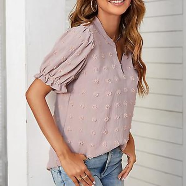 Dame Chiffon Skjorter Casual Sommer Toppe Puf Korte Ærmer V-Hals Schweiziske Prikker Pom Pom Bluser til Arbejde Rejse Fest Lys Lilla XXL