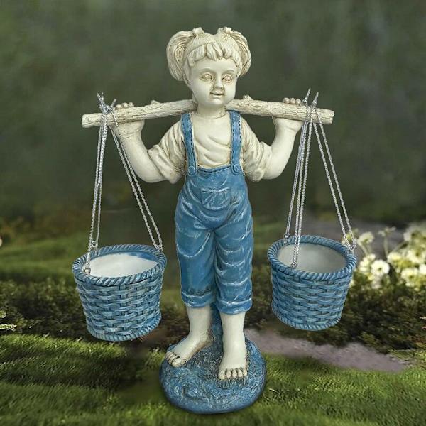 Blommor för gratulationer Liten flicka Trädgårdsstaty 2 Trädgårdsstatyer i Tone Stone Resin Trädgårdsstatyer Inredning Dekorationstillbehör