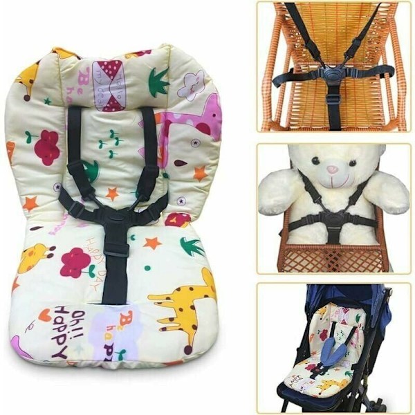 Baby high chair cushion with padded shoulder straps and 5-point harness. Provides comfort and safety for high chairs.