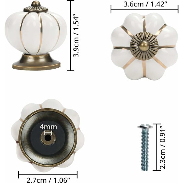 Valkoiset ja kultaiset kurpitsan muotoiset keraamiset nupit ruuveilla (8 kpl) - 3,6 x 3,9 cm / 1,42 x 1,54 tuumaa - Pyöreät vintage-vetimet kodin ja toimiston huonekaluihin
