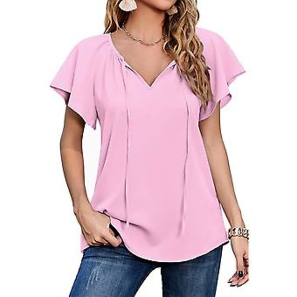 Dame Casual Chiffon Top Printet V-hals Kortærmet Bluser Skjorte med Snøre til Sommer Pink XXL