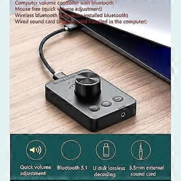 USB-äänenvoimakkuuden säädin, ulkoinen USB-äänikortti, Bluetooth 5.1 -lähetin, ei vaadi ohjainta (Windowsille