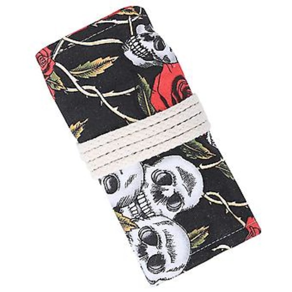 Pencil Roll Canvas 48 Hull Håndlaget Maleri Penn Oppbevaringspose Skrivesaker Kunstutstyr (Skull Rose Pattern)