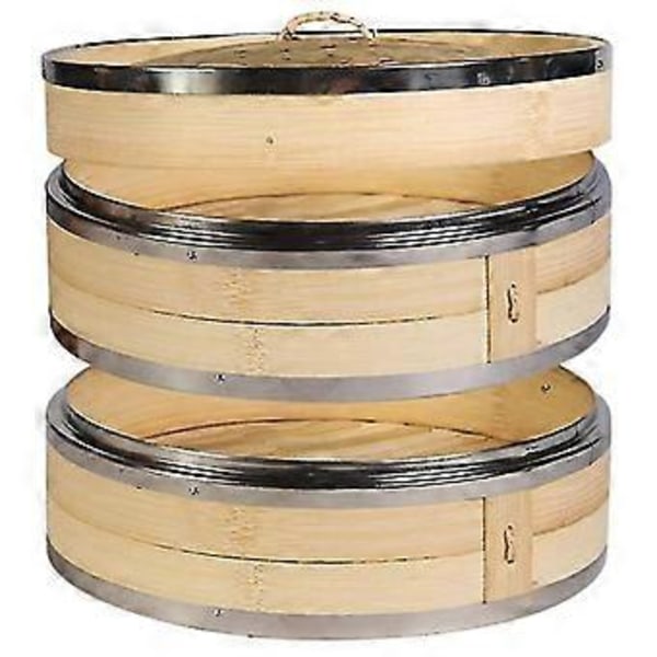 2-lags bambusdamper for kjøkken med dobbel rustfri stålbandasje for asiatisk matlaging av boller og dumplings