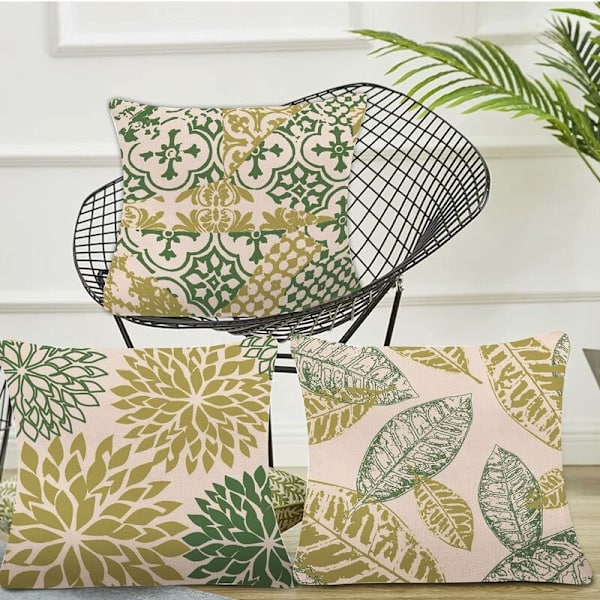 Set med 4 dekorativa kuddfodral 40x40 cm grönt linnekuddfodral geometrisk mönster kuddfodral, dekorativt kuddfodral för hem-Fei