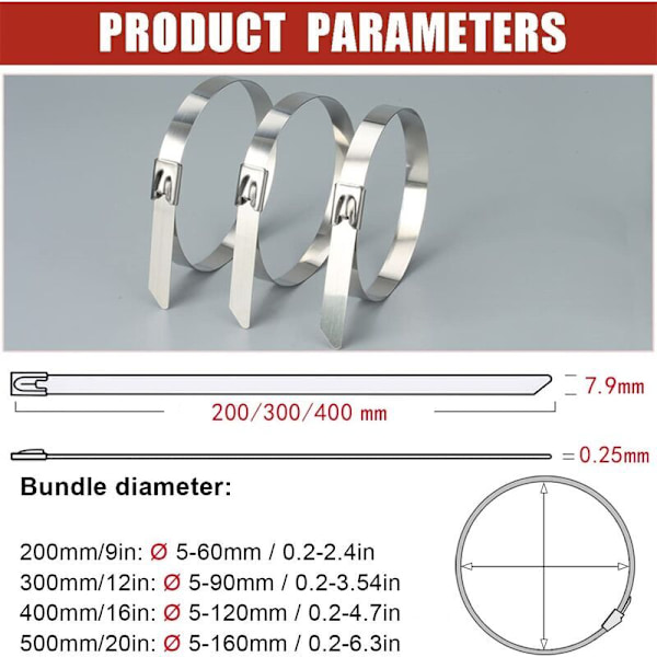 Metall slangeklemme 500x7,9mm, rustfritt stål kabelbånd sølv kraftige kabelbånd - glidelåsbånd metall - motstand til 120kg, pakke med 100 stk - RWHo