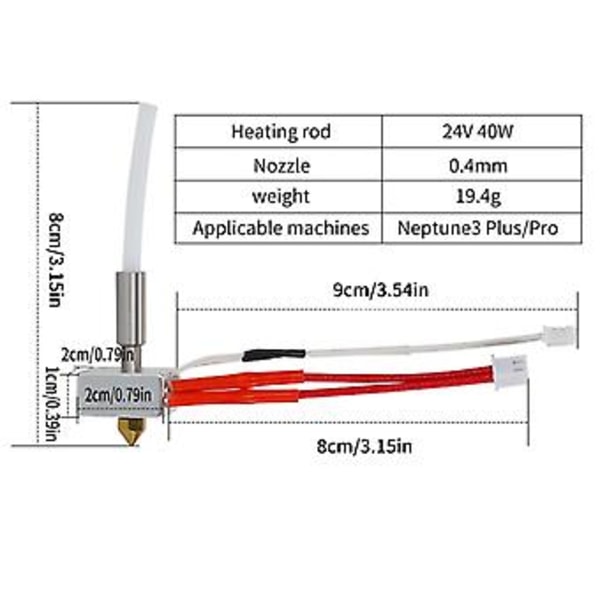 3D-tulostimen Hotend-sarja Neptune 3 Pro/3Plus -malleille, sisältää Heatbreakin, lämmitetyn lohkon ja termistorin