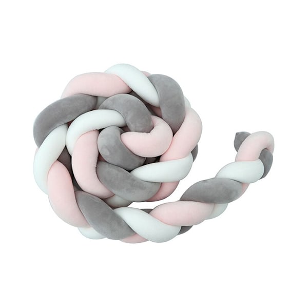 2M Cot Bumper Snake Cushion Braided Bumper Velvet Baby Protection Anti-Collision Fabric Fence (White+Grey+Pink)