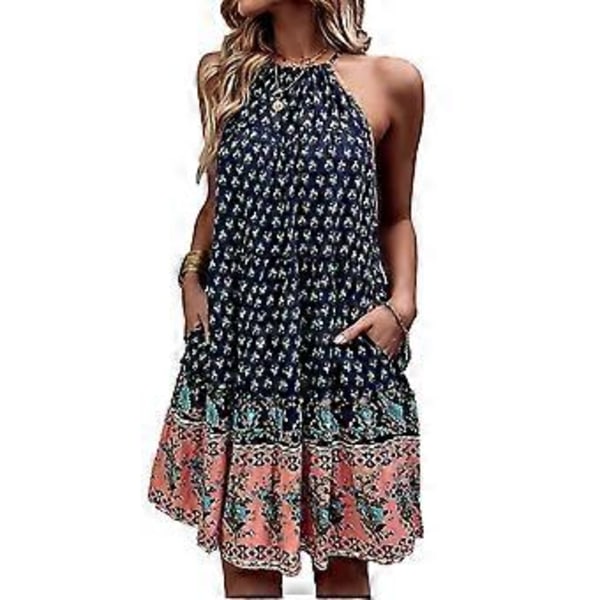 Elegant Mørkeblå Halterneck Kjole - Stilfuld Ærmeløs Boho Lagdelt Print Flydende Stor Kant Afslappet Outfit, XL