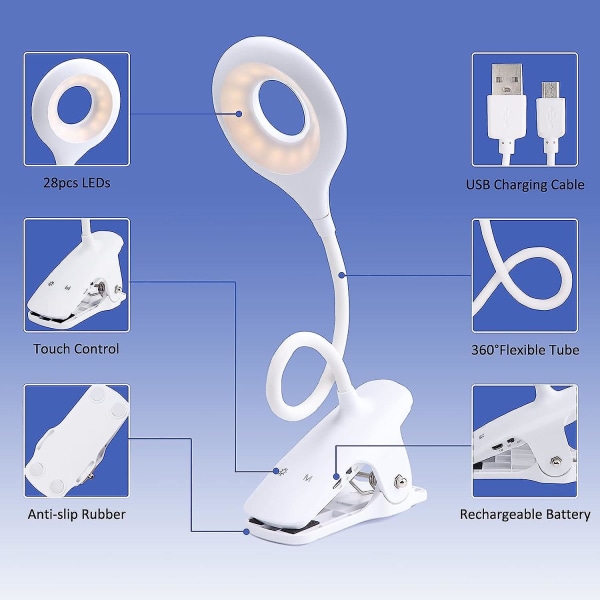 Ladattava langaton led-pöytälamppu – kosketusnäyttöinen yöpöytälamppu kiinnikkeellä lapsille – 3 väriä ja 3 himmennettävää asetusta – kannettava, kiinnitettävä lukulaite Li