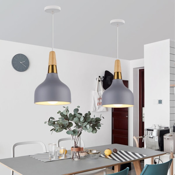 Modern Pendant Light Fixture Metal Wooden Hanging Ceiling Lamp Indoor Chandelier Grey