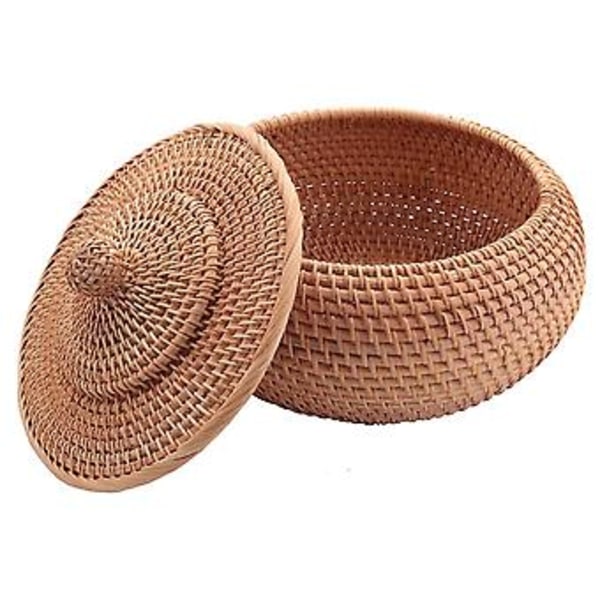Rund Rattan Kasse, Frugtkurv i Flet med Låg Brødkurv Bakke Opbevaringskurv Pileflet Kurv F