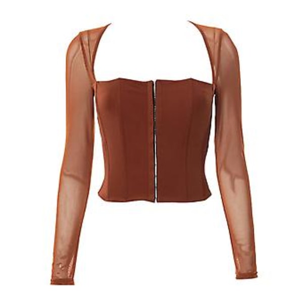 Hægte Øje Top Langærmet Panel Mesh Firkantet Hals Moderigtig Slim Fit Hægte Øje Bluse til Dating Brun S