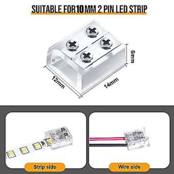 2-polig 10 mm lödfri LED-tejp Ljus Kontakt Trådplint För 5v 12v 24v Enfärgad Lig