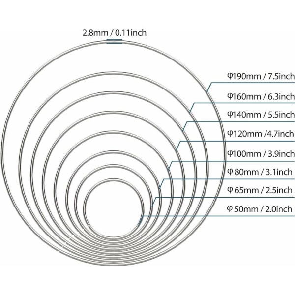 16 stk 8 størrelser metallringer trådringer drømmefanger blomsterhåndverk ringer, sølv, 5/6,5/8/10/12/14/16/19cm veggdekorasjon mobil dekorring