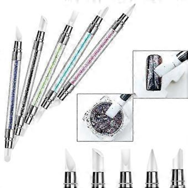 5 st Nagelkonst Skulptur Penna Dubbelsidig Silikon Nagelverktyg Strass Nagelack Snideri Penna Gummi Spets Nagelborstar