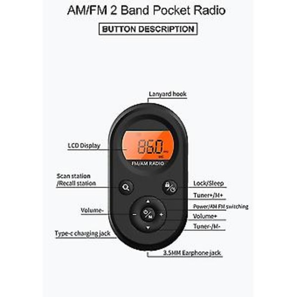 Mini FM/AM Radio Kannettava Tasku 76-108mhz Ladattava Radiovastaanotin LCD-näytöllä Takana L