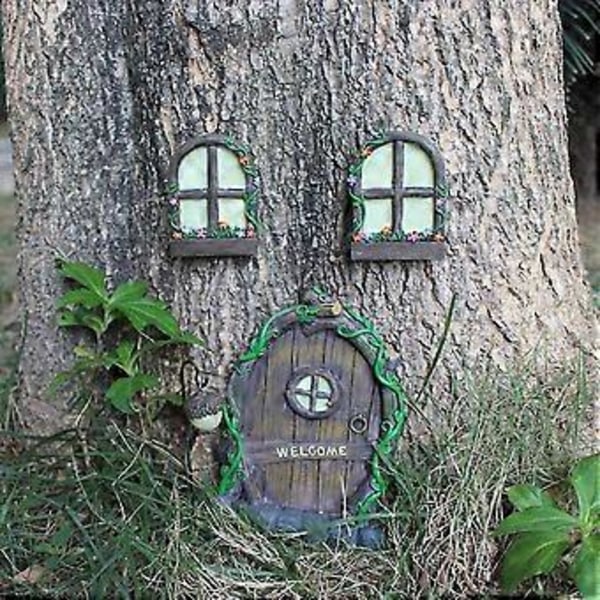 Trädskulptur Trädgårdstomte Fönster Dörr Harts Miniatyr Hantverk Älv Självlysande Gårdskonst Ornament St-4
