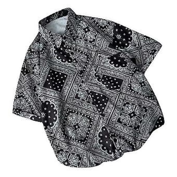 Miesten lyhythihainen paita, erikoispainatus, käännettävä kaulus, napitus, vintage-tyylinen rento pusero, musta, XL