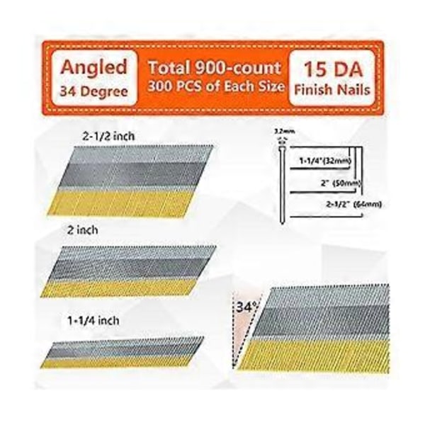 15 Gauge DA Vinklad Dyckert, 34-graders, 900-pack (2-1/2 tum, 2 tum, 1-1/4 tum 300 Per Storlek), gal