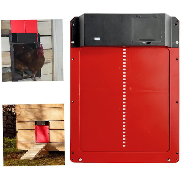 Automatisk dörr för hönshus, lättviktsdörr i plast, ljusdetektering, fördröjd öppning på kvällen och morgonen, Röd