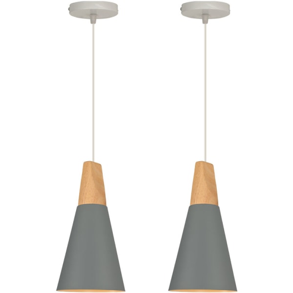 Moderne simpelt loft hængende lys metal træ lysekrone lampeskærm Justerbar DIY pendel 2 stk grå