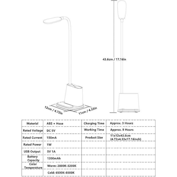 USB-laddningsbar LED-skrivbordslampa med USB-utgångsport pennhållare 2 ljuslägen