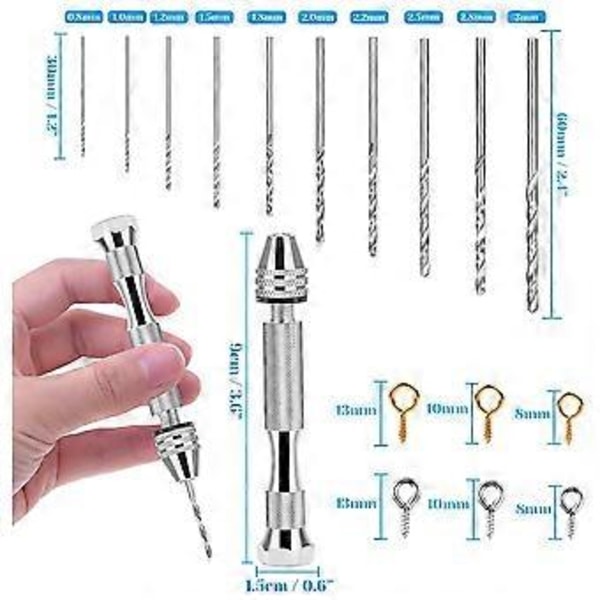 Hartsverktygssats med 1 st Handborr med stift, 10 st Borr och 400 st Skruvöglor för DIY Nyckelring Hängsmycke Tillverkning