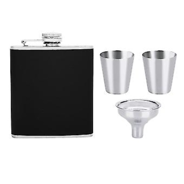 Rostfri Fickplunta Svart Läder Tratt med Två Vinglas Set för Födelsedagspresent (6oz)
