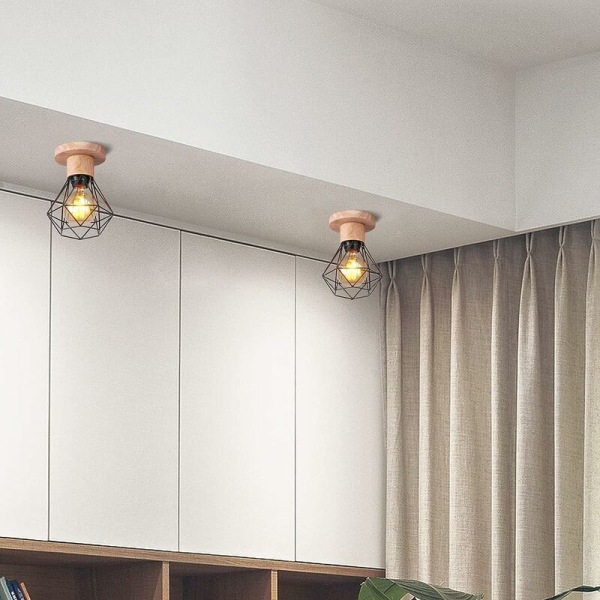 2 stk. Industriell taklampe, innfelt taklampe, pendellampe, metalltre, hengelampe for gang, soverom, trapp, svart