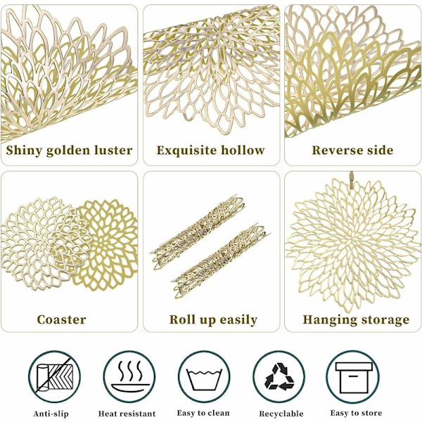 10-pack gyllene bordsdukar set, guld blad placemats och underlägg ihåliga bordsdukar pressade vinyl placemats halkfria tvättbara värmebeständiga P
