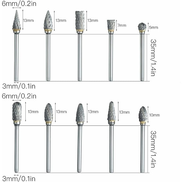 Roterende fresesett for Dremel, 10 stk dobbeltskjærende karbidskjærsett med 1/8 skaft og 1/4 hodlengde for DIY, trebearbeiding, gravering, M
