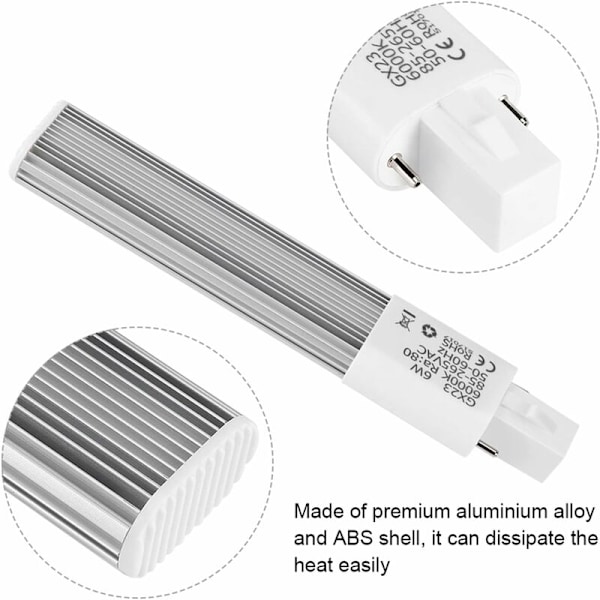 6W 2-stifts kompakt lysrör, G23 lysrör horisontell rörsockel, 6000K (vit G23)