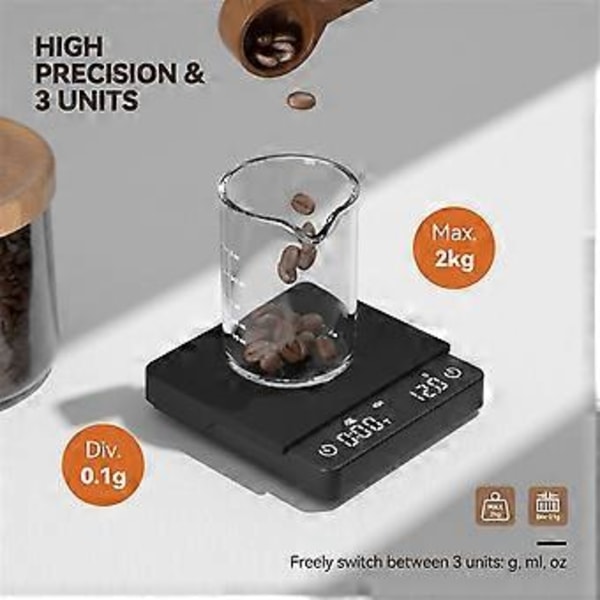 Mini Kaffevåg med Automatisk Timer, Uppladdningsbar Espressovåg med Timer, 2kg/0.1g Högprecisionsvåg för Kaffebönor