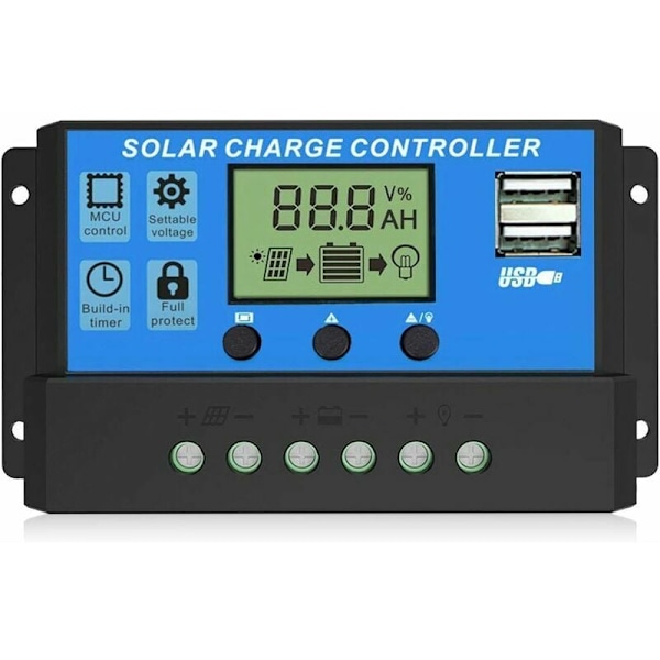 Solcellsladdningsregulator - Intelligent solpanelbatteriregulator med dubbla USB-portar, multifunktionsjusterbar LCD-display Gatubelysning Controll