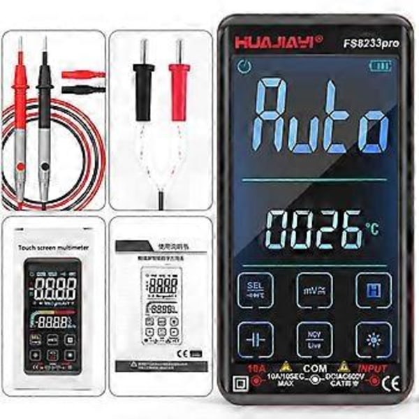 FS8233PRO Berøringsskjerm Smart Digitalt Multimeter DC/AC 10A Multimetro Transistor 9999 Teller True Rmsauto Område Svart