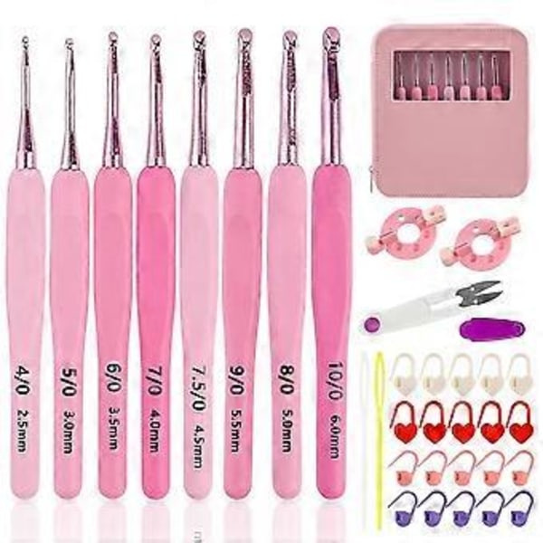 Virknålsset med fodral Rosa virkningsset Släta sticknålar Kit Silikonvirknål (2,5 mm-6 mm)