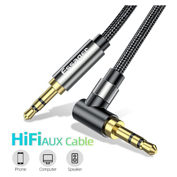 Able Jack, Stereo-kabel Jack til Jack Audio-kabel, Audio 3,5 mm hann Hann 90 graders vinklet nylonflettet for bilradioer, høyttalere Tablet MP3 1,5 M