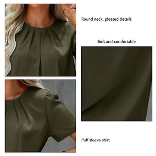 Dam Skjorta Sommar Enfärgad Rund Hals Casual Lös Puffärm Skjorta Kortärmad Basic Topp Armégrön M