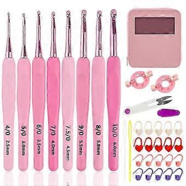 Virknålsset med fodral Rosa virkningsset Släta sticknålar Kit Silikonvirknål (2,5 mm-6 mm)