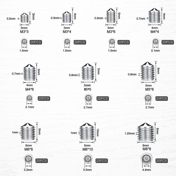 200 st försänkta skruvar, insexskruvar, M3 M4 M5 M6 M8, rostfritt stål 304