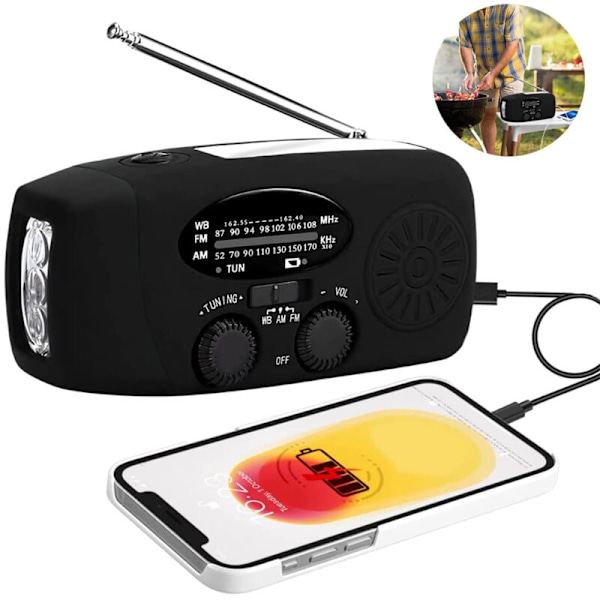 AM/FM Hybrid Radio - Uppladdningsbar med sol, handvev och USB - 1000mAh batteri - Nödradio - Kompakt radio för camping och utomhusbruk